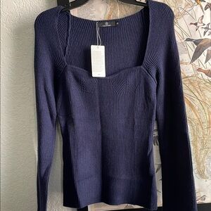 Blue Long Sleeve Tee with Ribbed Knit Texture